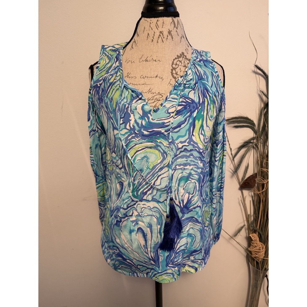 Lilly Pulitzer Blouse XXS Silk "Oh Shucks" Finch Top~ Sparkling Blue $188